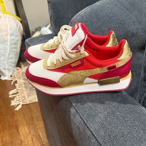 Puma Women's Red and Gold Sneakers 5.5 in kids= 6.5 women NEVER WORN